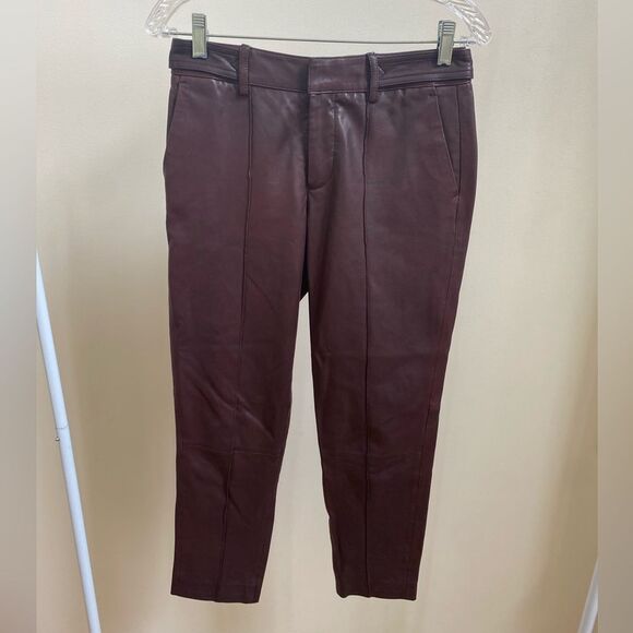 NWOT Vince 100% Lamb Leather Pintuck Cropped Trousers Pants Shiraz Wine - Picture 2 of 9